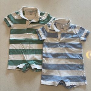 Striped Kids Polo Romper Set - Green and Blue